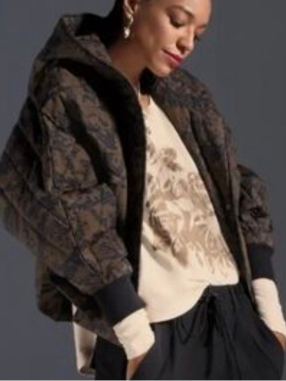 Cabi Wrap Up Puffer Jacket Brown Snakeskin Quilted Hood Dolman Oversized Sz S/M